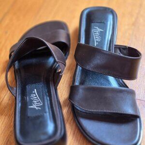 Artiva Dark Brown Brazil Leather Slip on Heeled woman Sandal Size 6 M